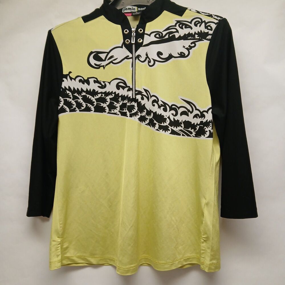 JAMIE SADOCK  Women's Black Yellow Dragon Print 1/4 Zip Golf  Shirt Top Medium